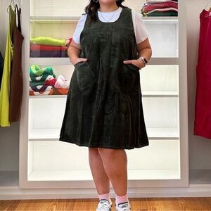 Shiny by Nature Corduroy Pinafore Dress Forest Green Pockets Relaxed Fit-3XL